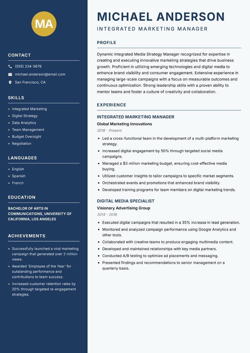 Integrated Media Strategy Manager Resume Preview Example
