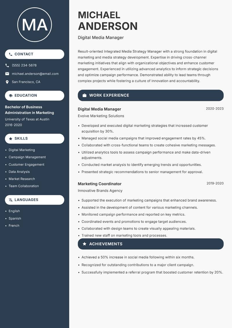 Integrated Media Strategy Manager Resume Preview Example