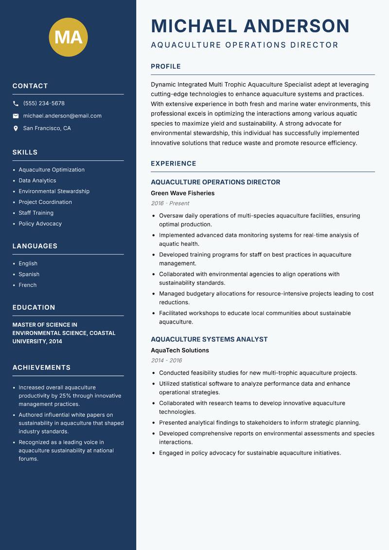 Integrated Multi Trophic Aquaculture Specialist Resume Preview Example