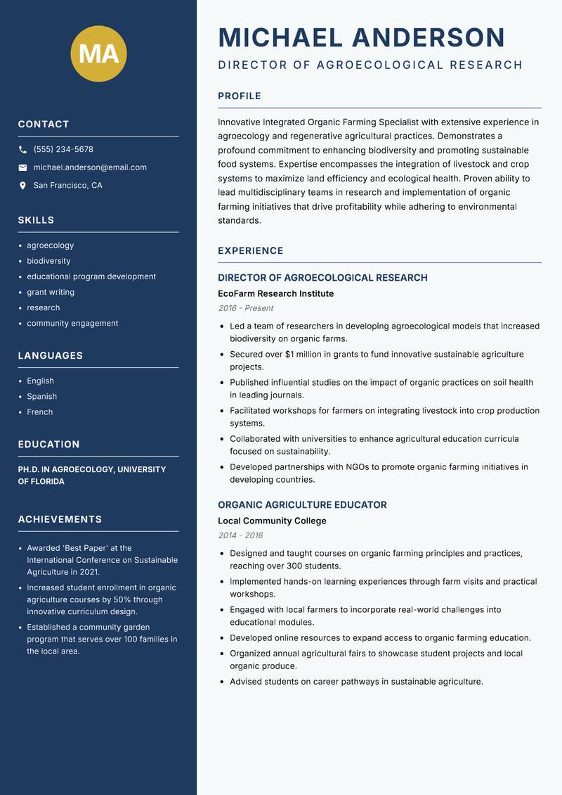 Integrated Organic Farming Specialist Resume Preview Example