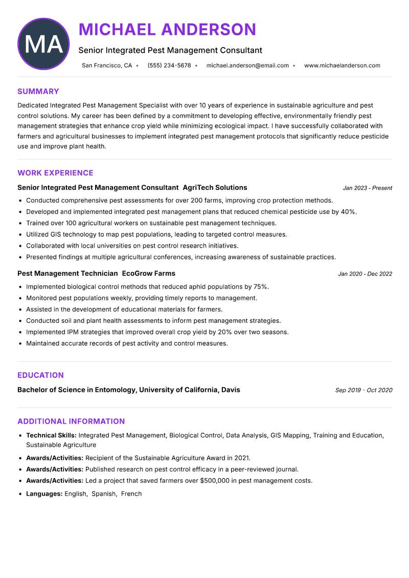 Integrated Pest Management Specialist Resume Preview Example