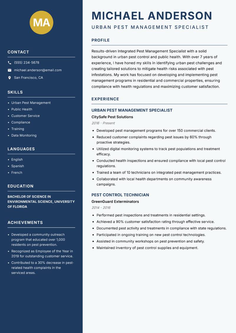 Integrated Pest Management Specialist Resume Preview Example