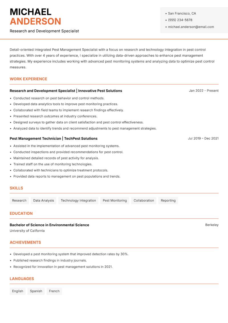 Integrated Pest Management Specialist Resume Template