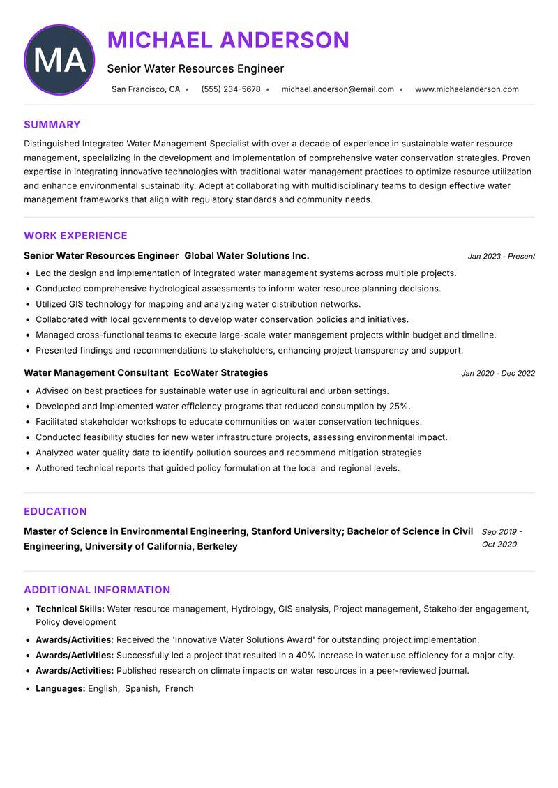 Integrated Water Management Specialist Resume Preview Example