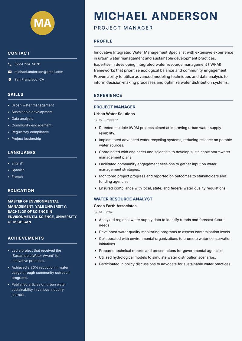 Integrated Water Management Specialist Resume Preview Example