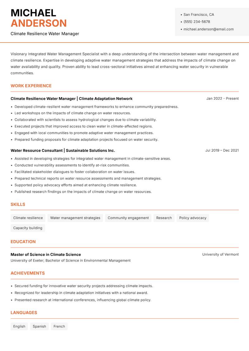 Integrated Water Management Specialist Resume Template