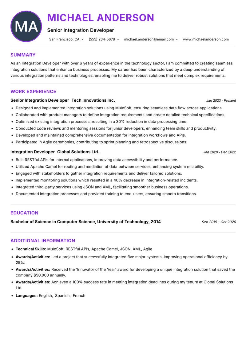 Integration Developer Resume Preview Example