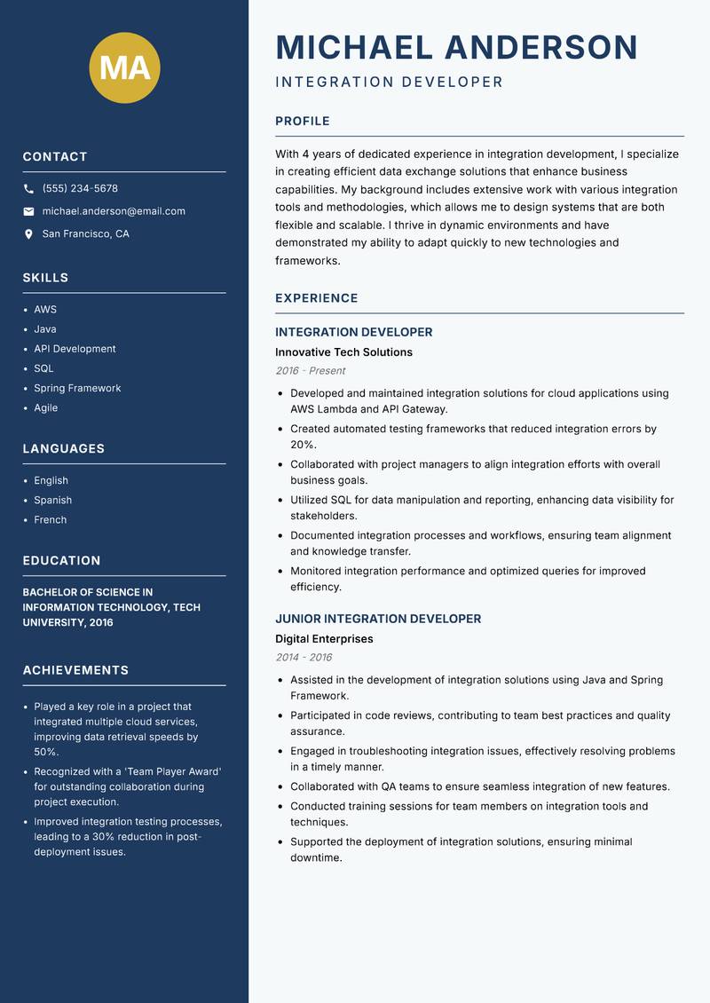 Integration Developer Resume Preview Example