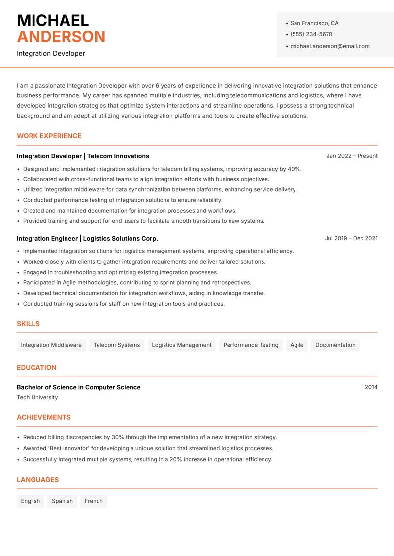 Integration Developer Resume Template