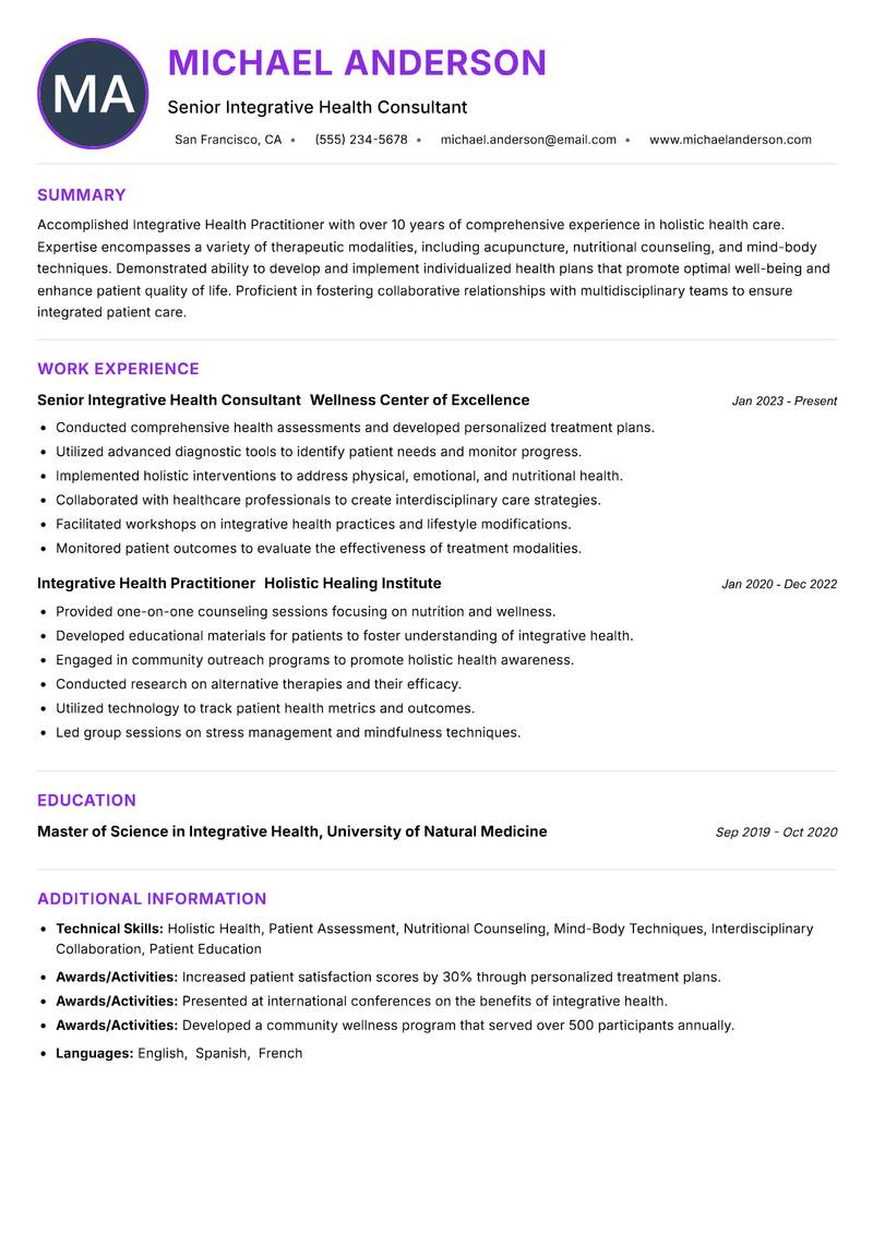 Integrative Health Practitioner Resume Preview Example