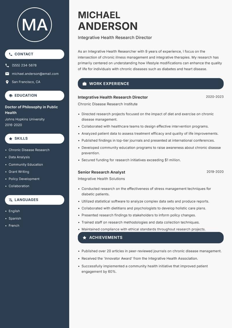 Integrative Health Researcher Resume Preview Example