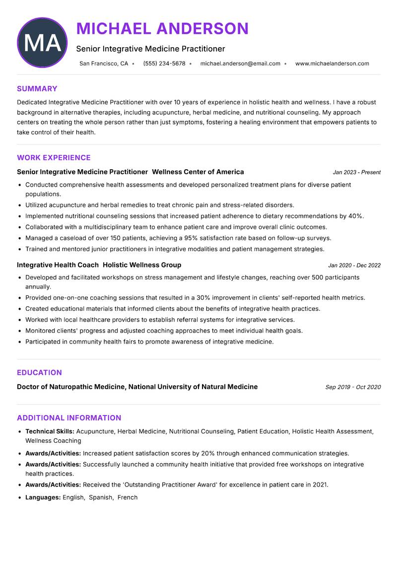 Integrative Medicine Practitioner Resume Preview Example