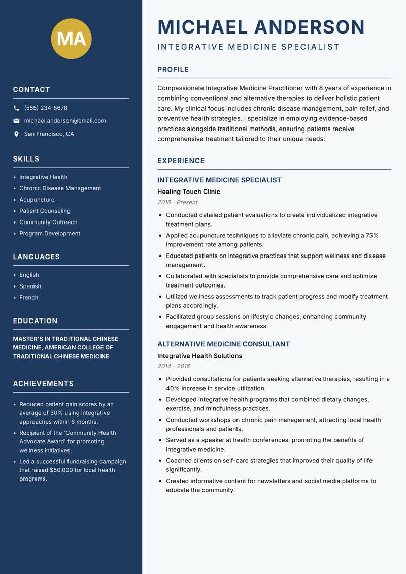 Integrative Medicine Practitioner Resume Preview Example