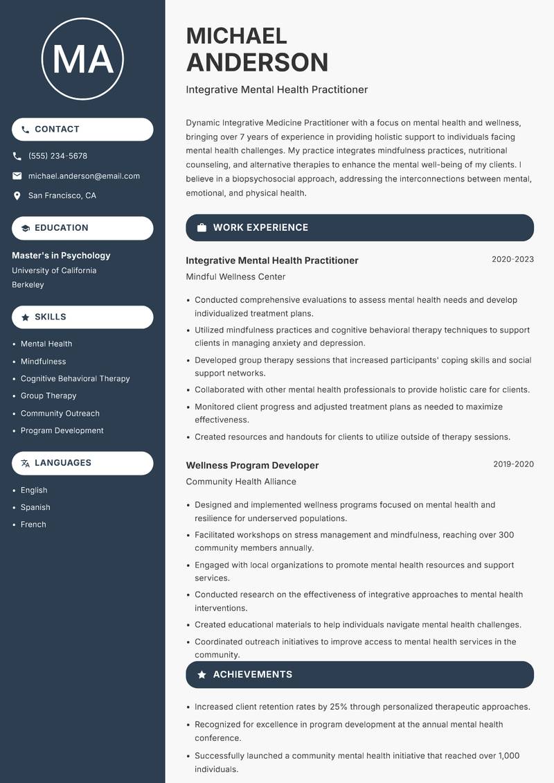 Integrative Medicine Practitioner Resume Preview Example