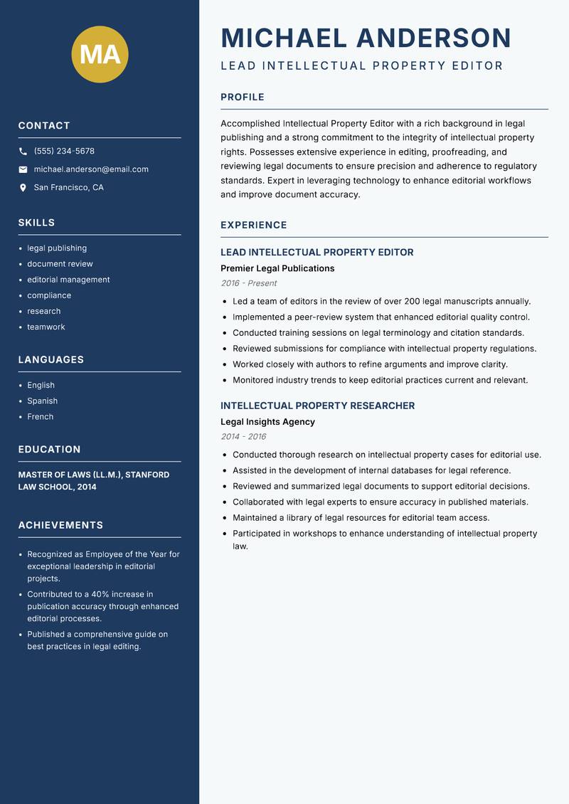 Intellectual Property Editor Resume Preview Example