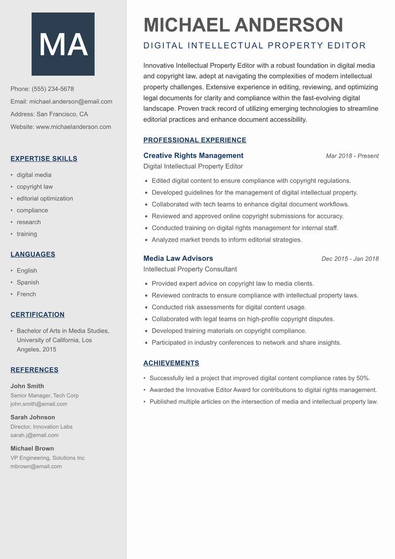 Intellectual Property Editor Resume Preview Example
