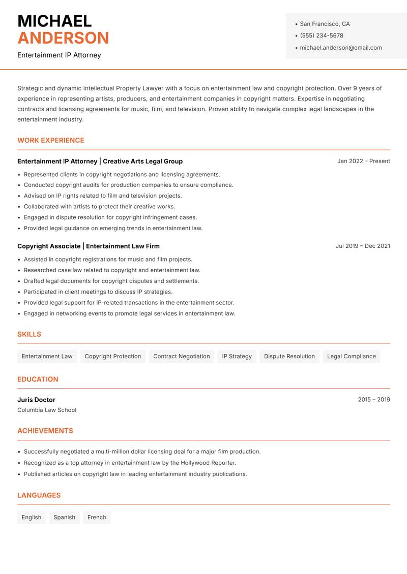 Intellectual Property Lawyer Resume Template