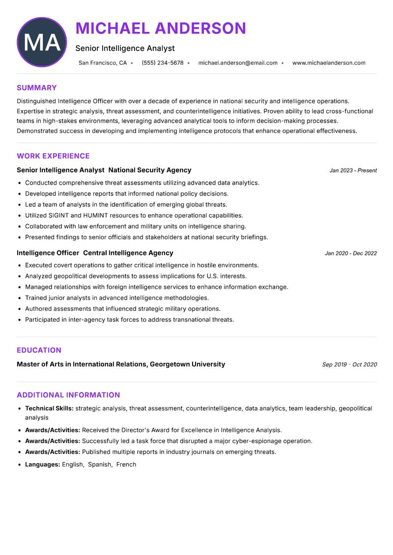 Intelligence Officer Resume Preview Example