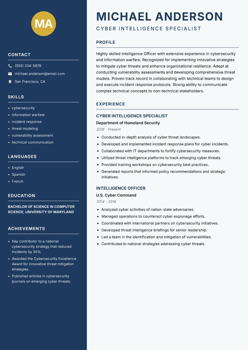 Intelligence Officer Resume Preview Example