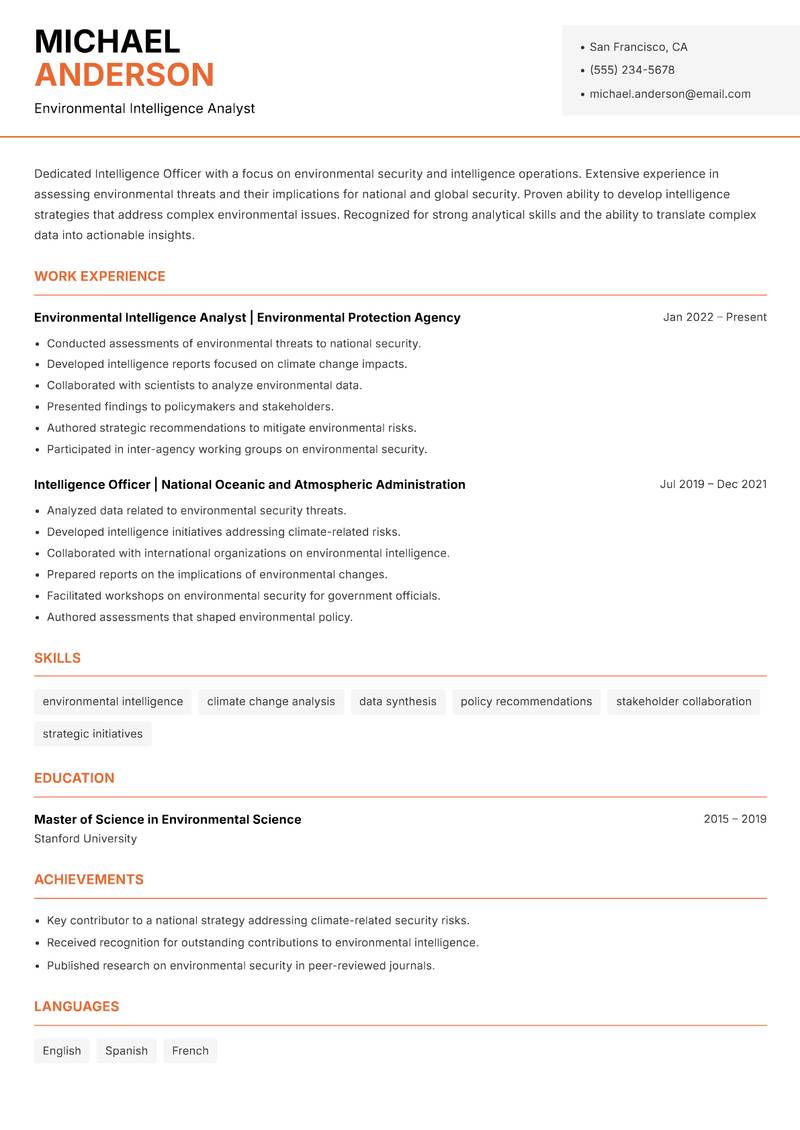 Intelligence Officer Resume Template