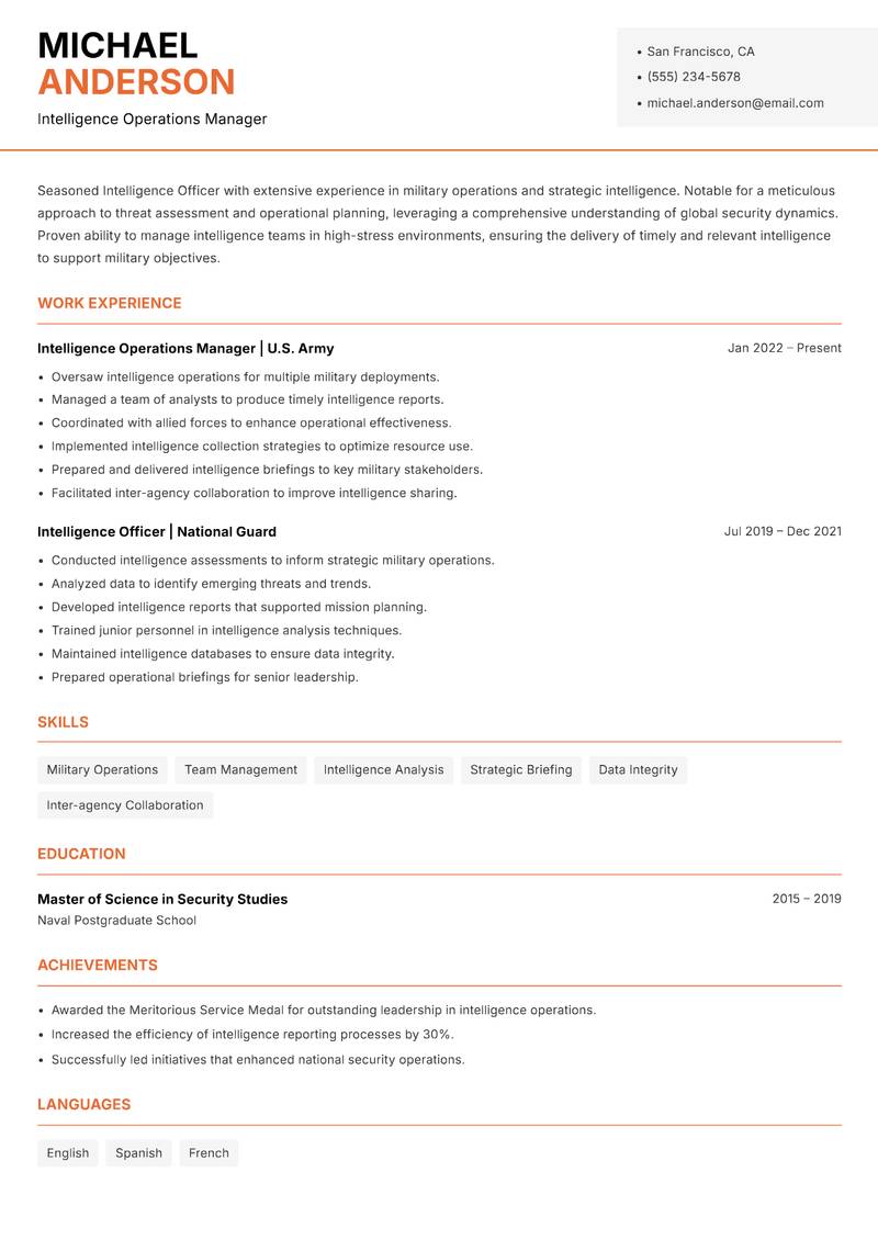 Intelligence Officer Military Resume Template