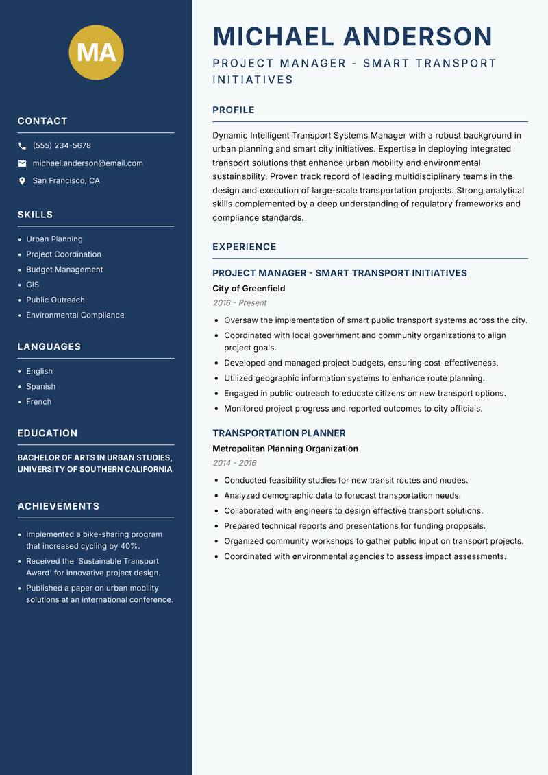 Intelligent Transport Systems Manager Resume Preview Example
