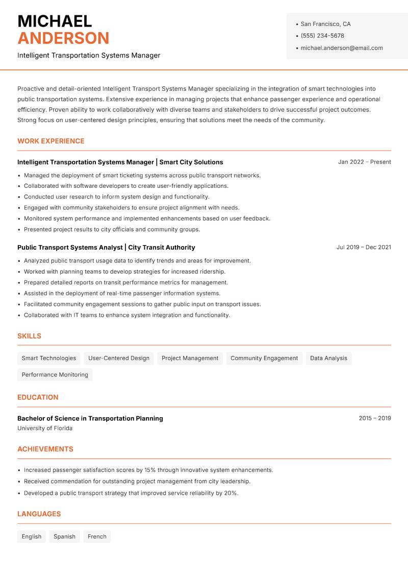 Intelligent Transport Systems Manager Resume Template