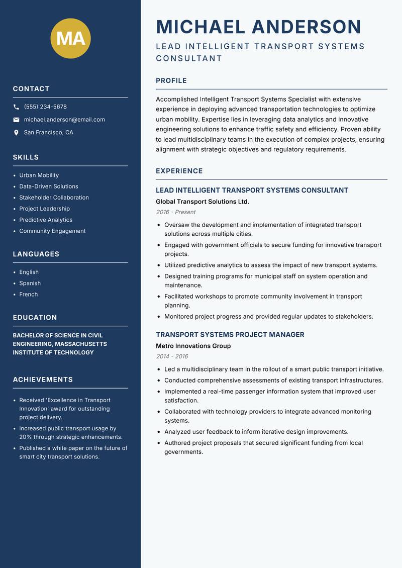 Intelligent Transport Systems Specialist Resume Preview Example