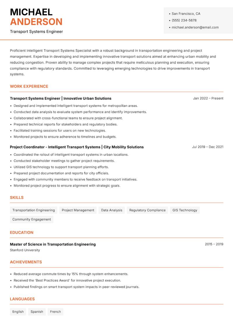Intelligent Transport Systems Specialist Resume Template