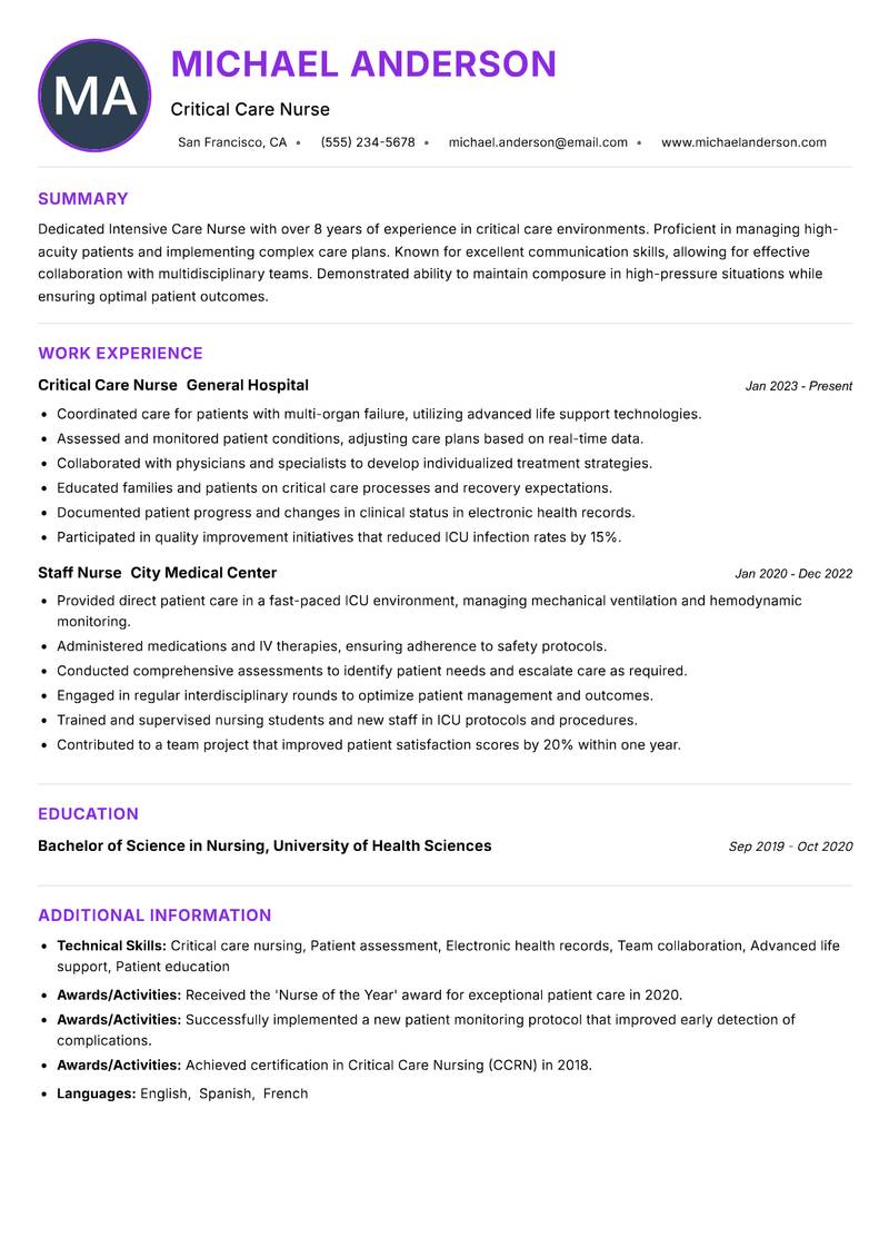 Intensive Care Nurse Resume Preview Example