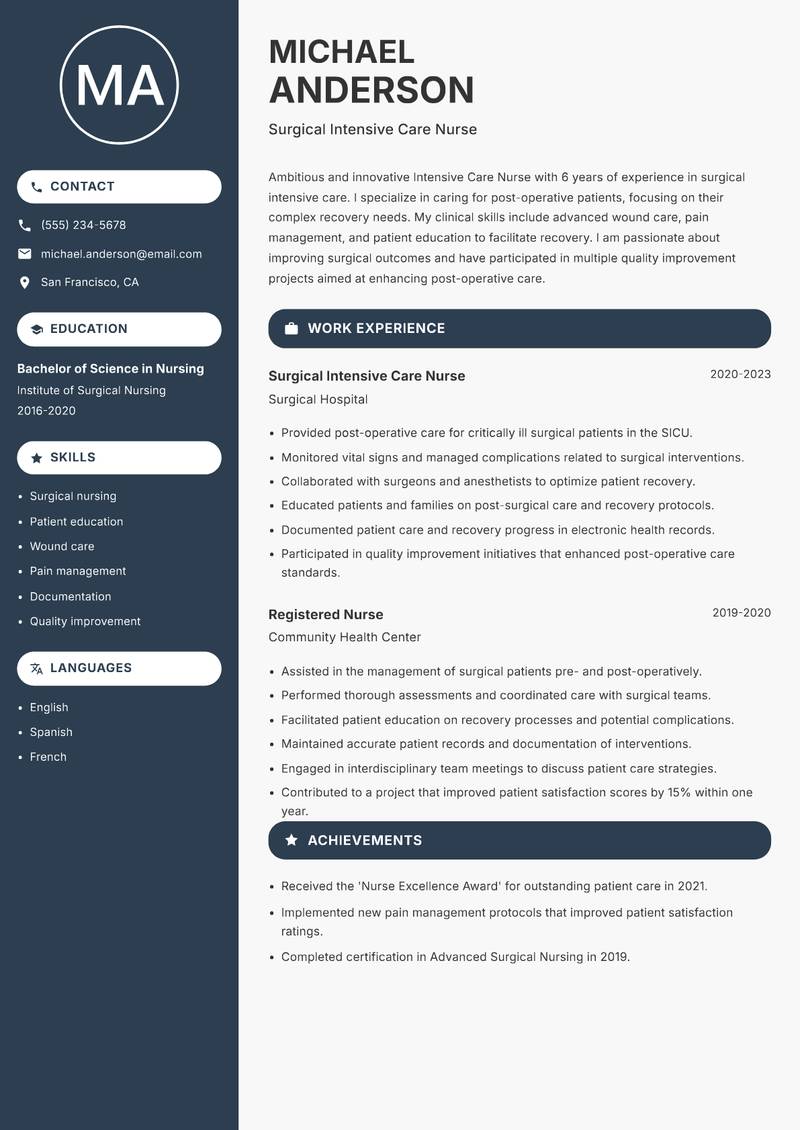 Intensive Care Nurse Resume Preview Example