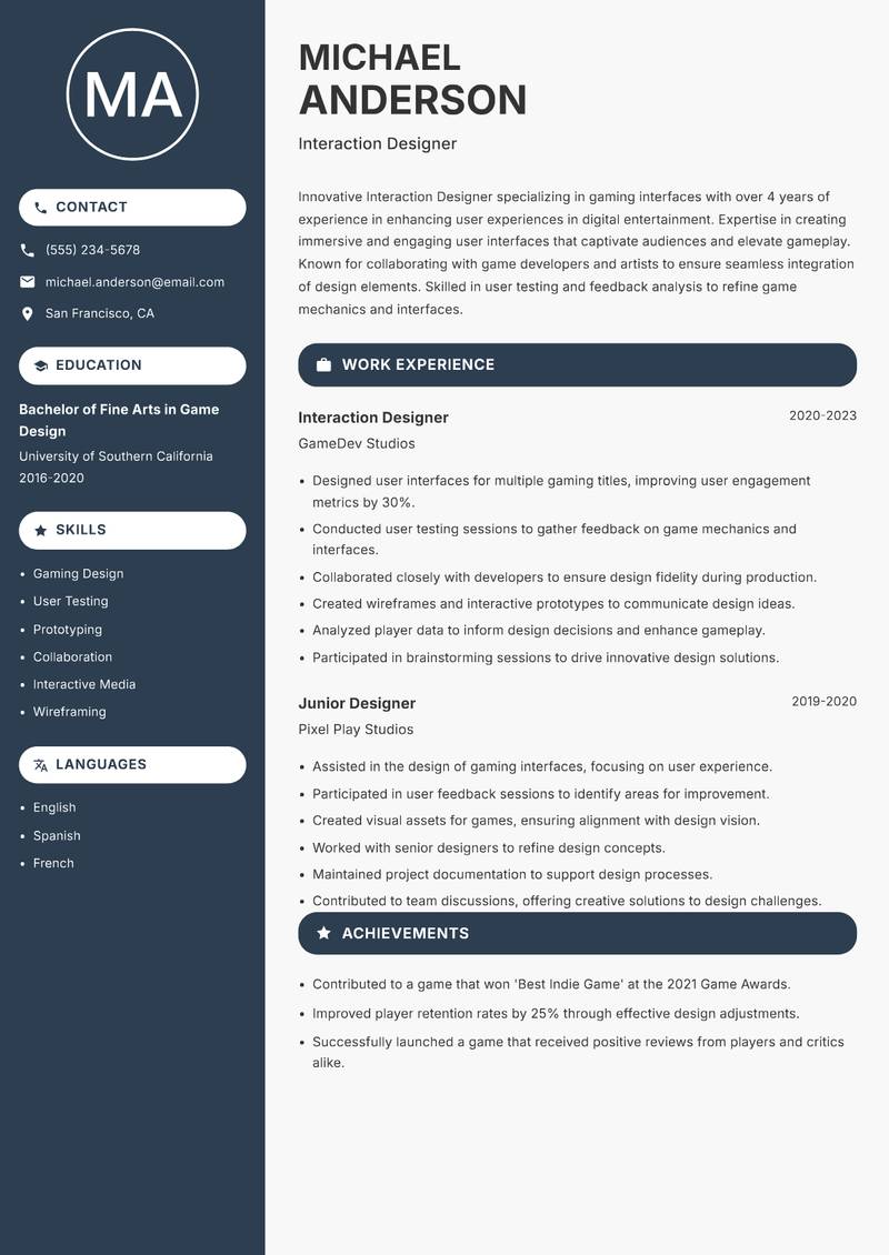 Interaction Designer Resume Preview Example