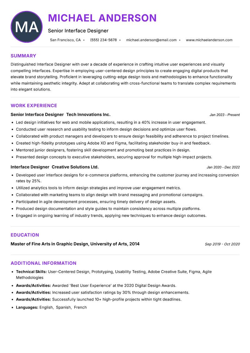 Interface Designer Resume Preview Example