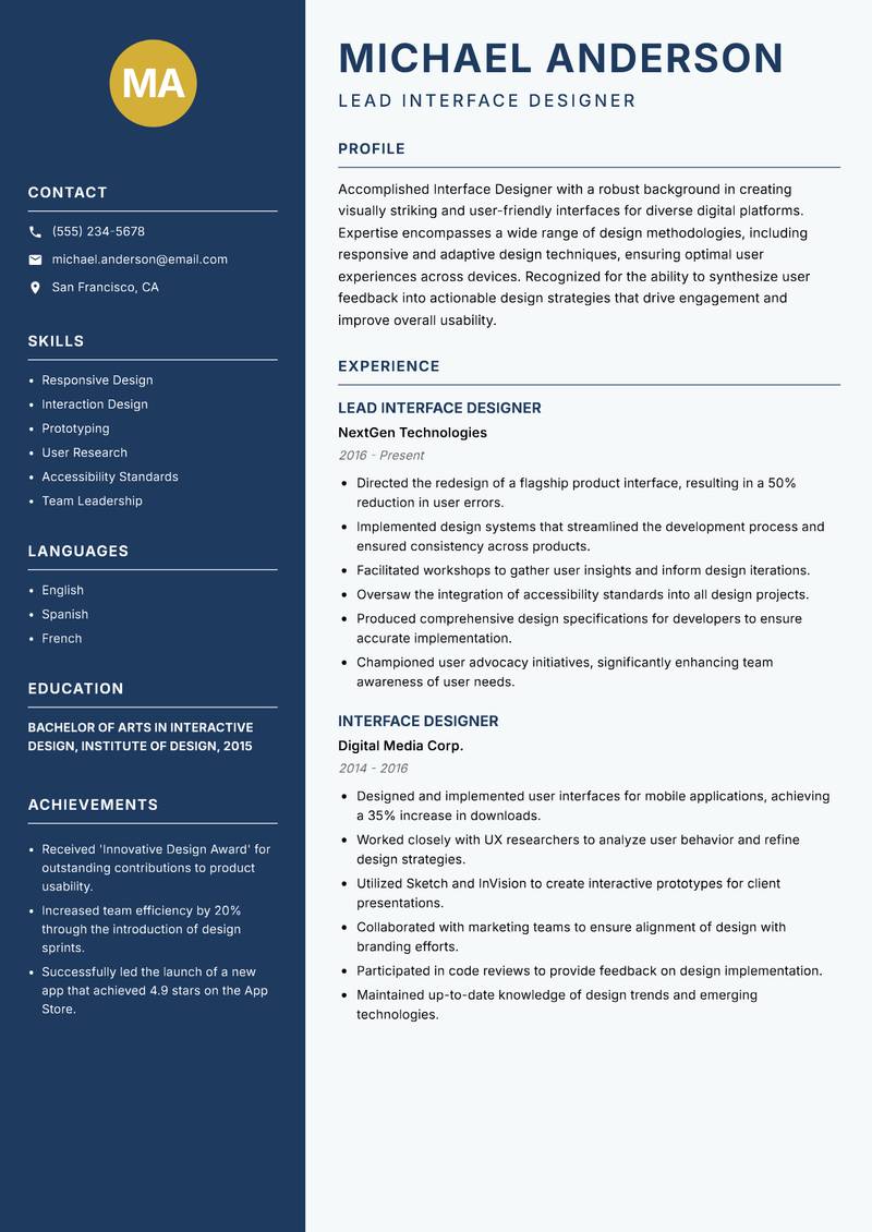 Interface Designer Resume Preview Example