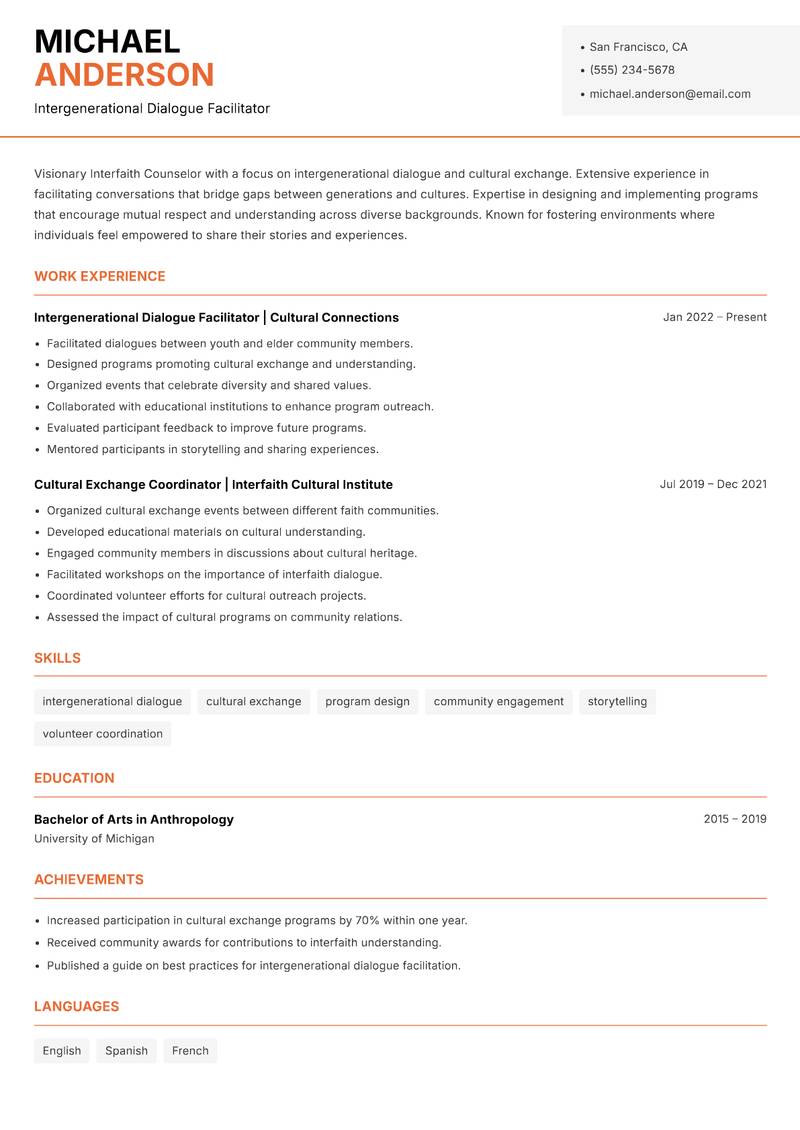 Interfaith Counselor Resume Template