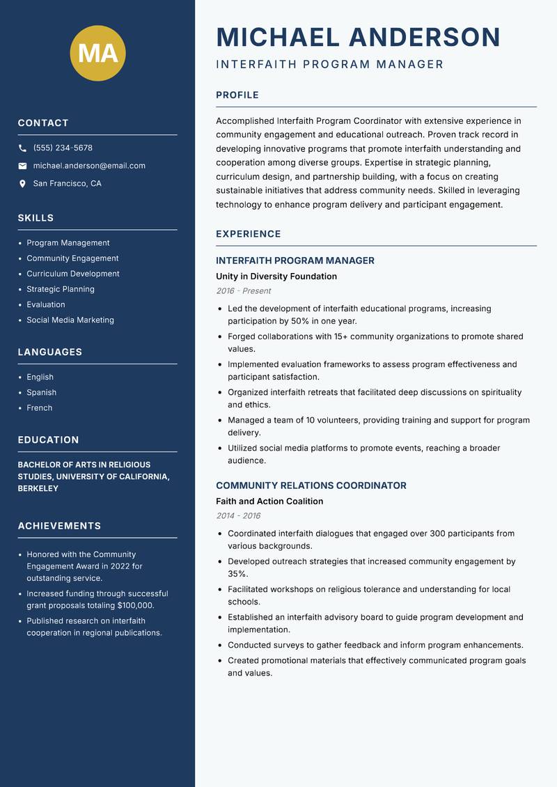 Interfaith Program Coordinator Resume Preview Example