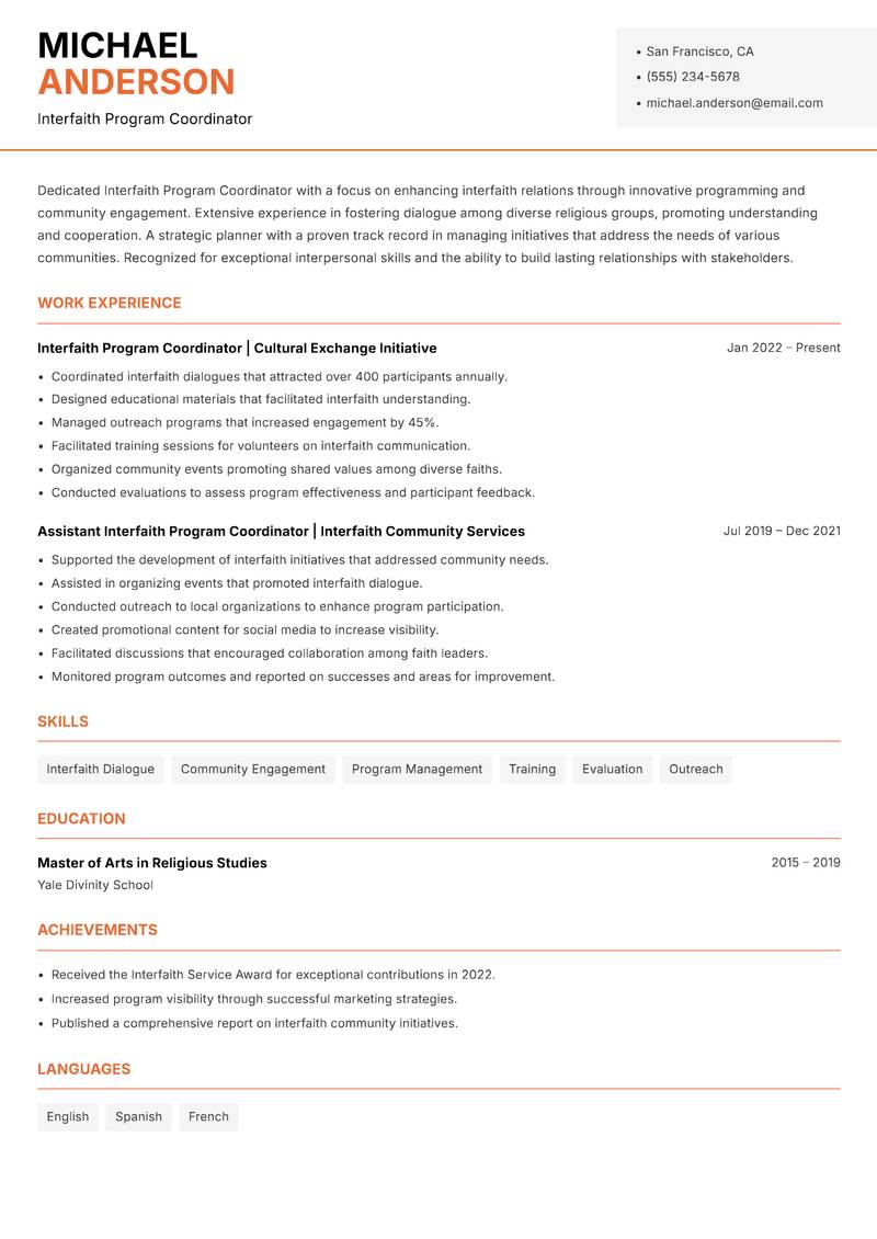 Interfaith Program Coordinator Resume Template