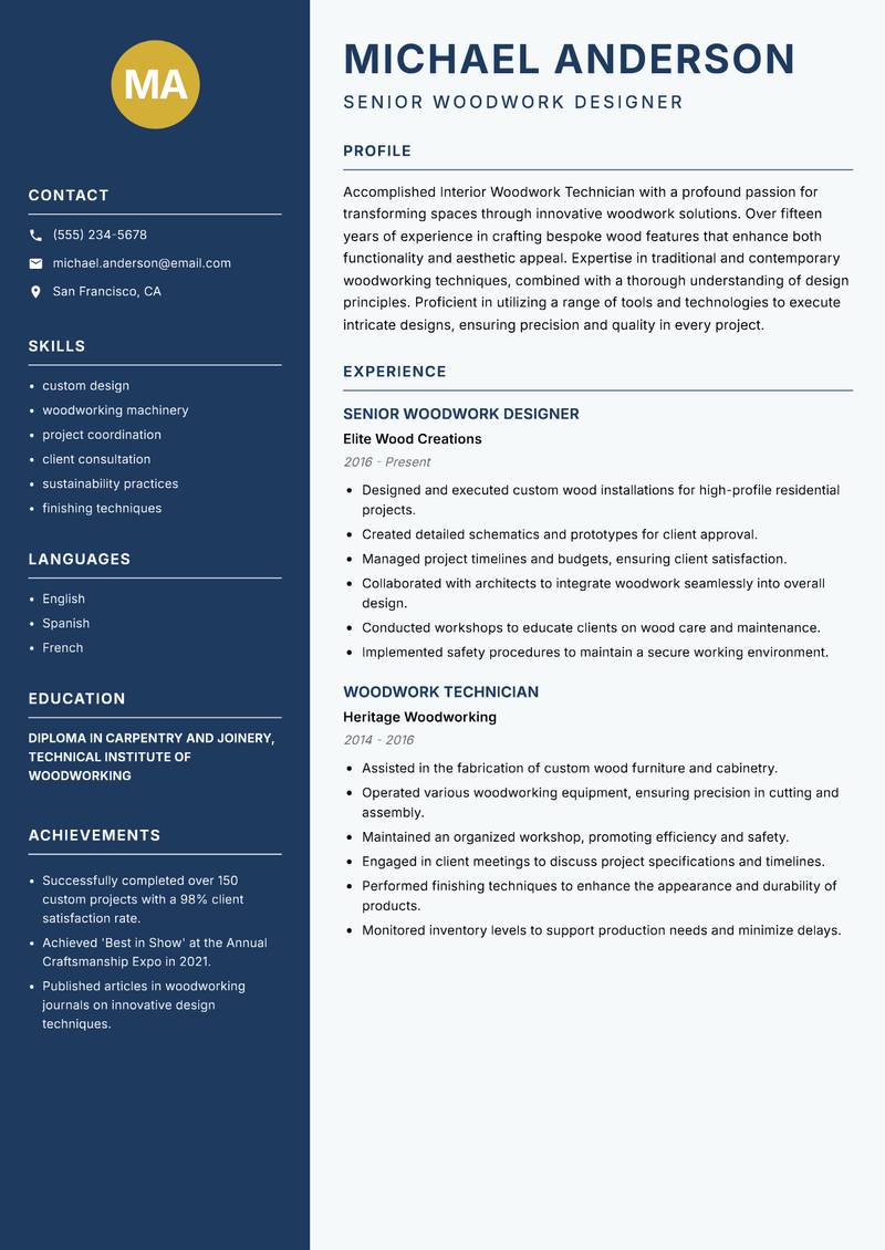 Interior Woodwork Technician Resume Preview Example