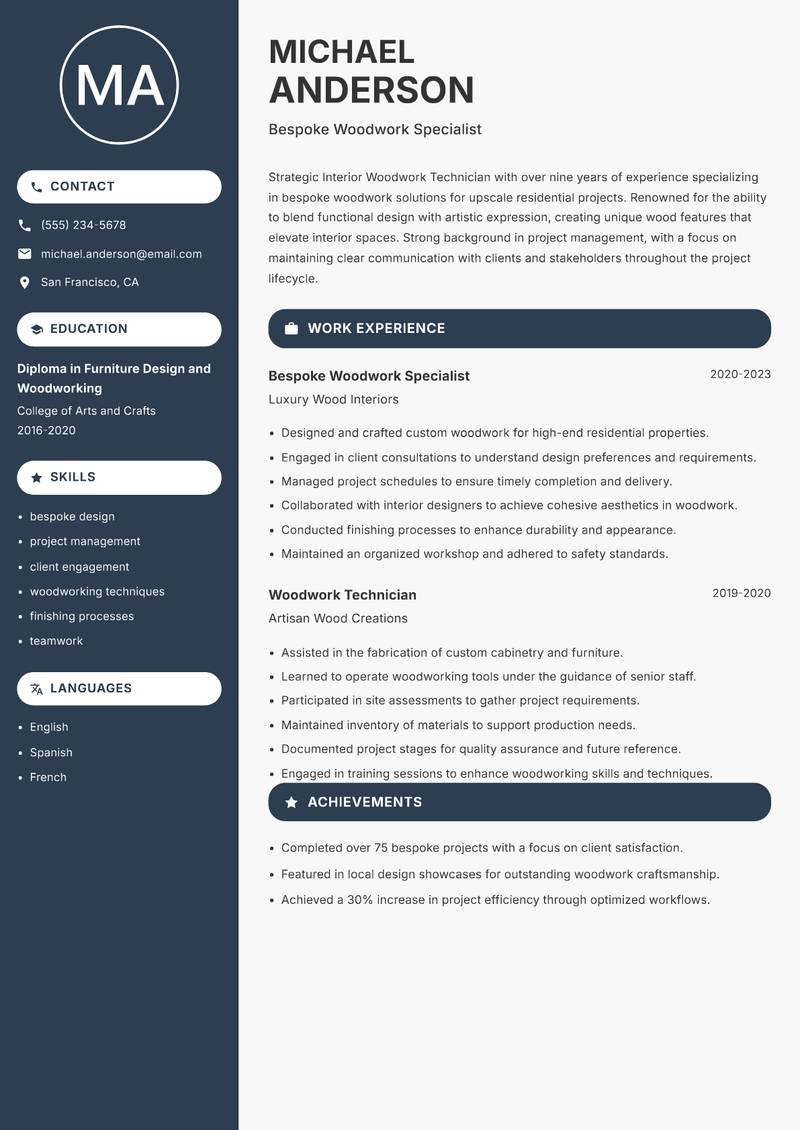 Interior Woodwork Technician Resume Preview Example