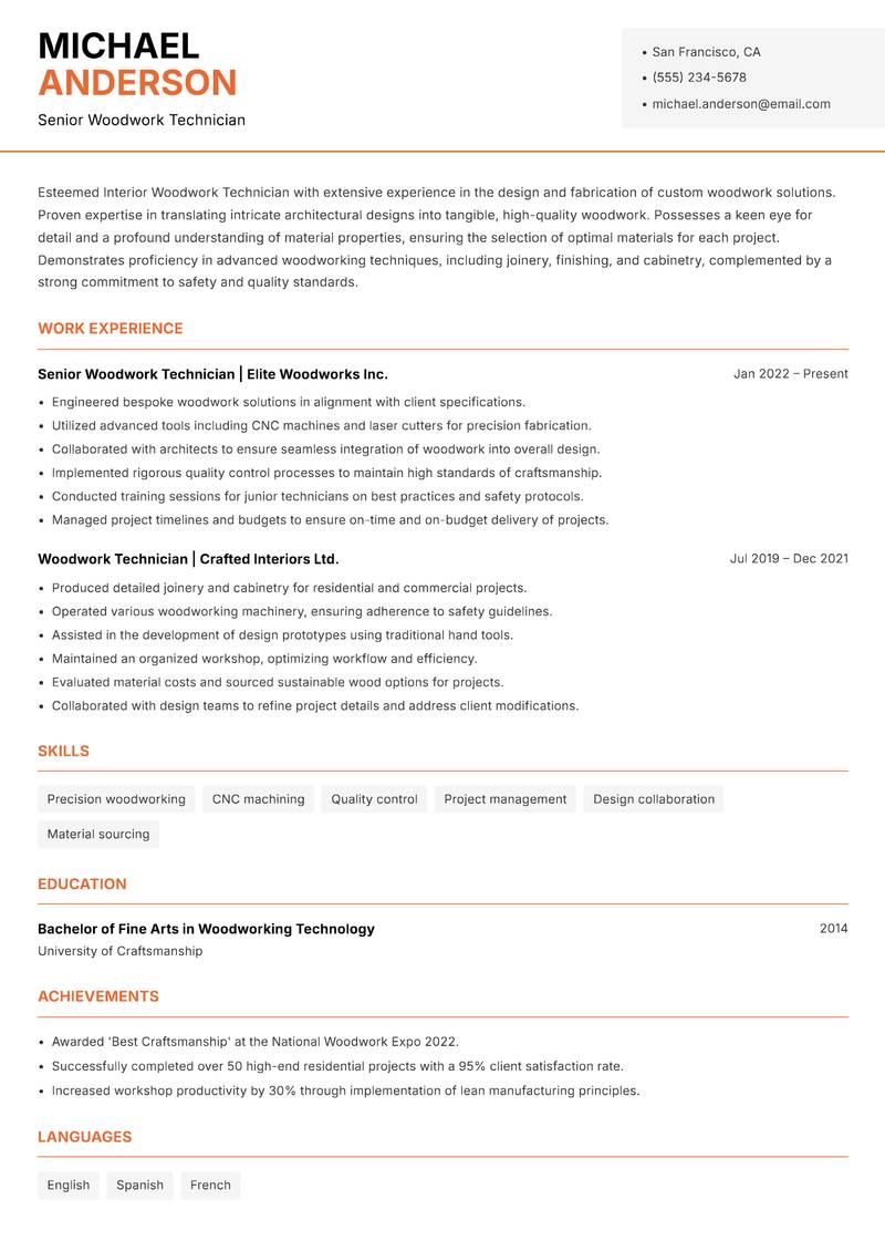 Interior Woodwork Technician Resume Template
