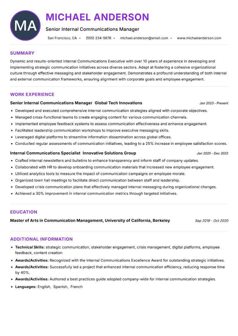 Internal Communications Executive Resume Preview Example