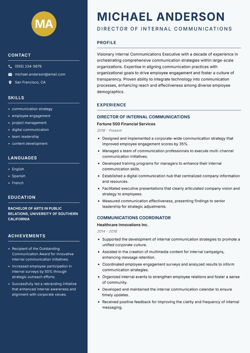Internal Communications Executive Resume Preview Example