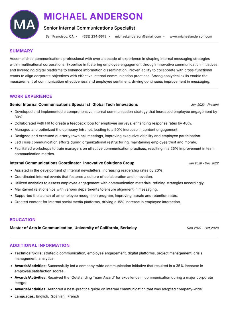 Internal Communications Manager Resume Preview Example