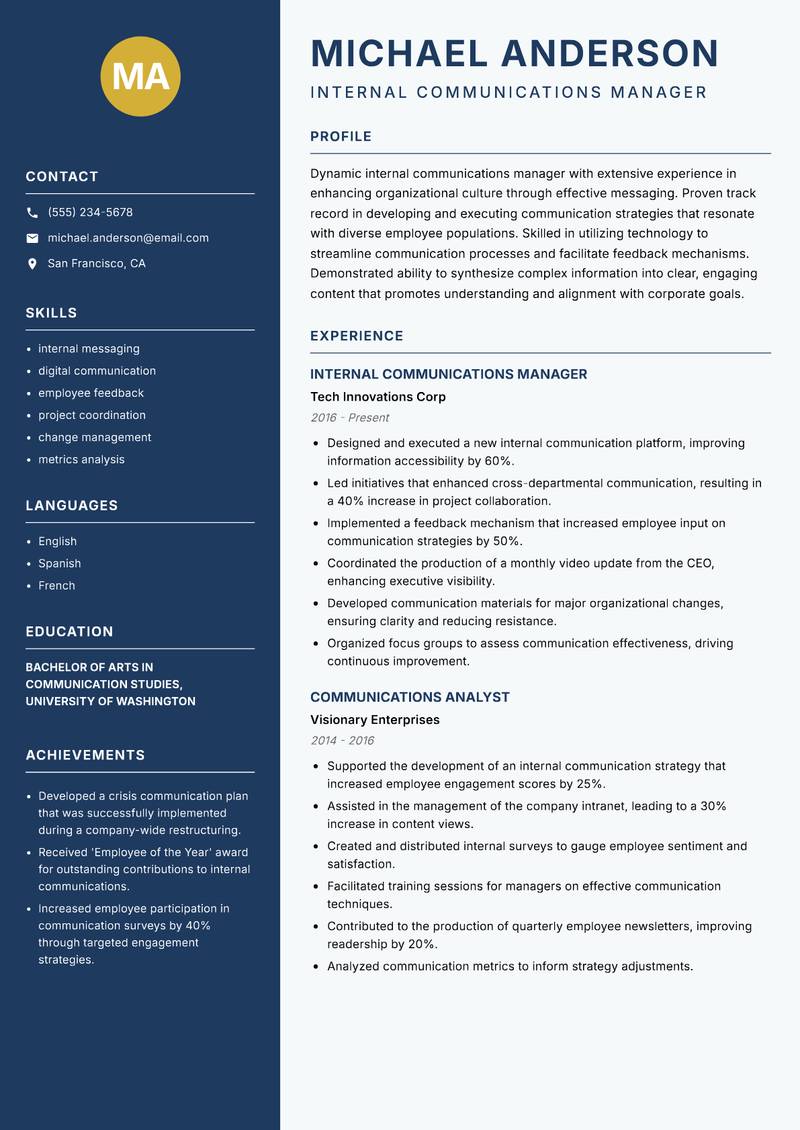 Internal Communications Manager Resume Preview Example