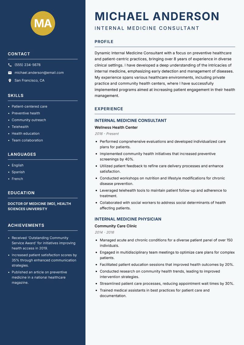 Internal Medicine Consultant Resume Preview Example