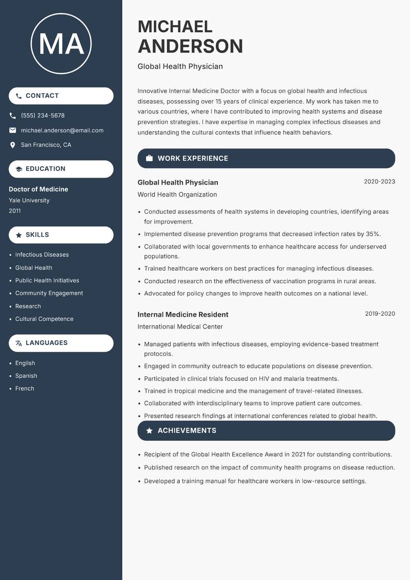 Internal Medicine Doctor Resume Preview Example