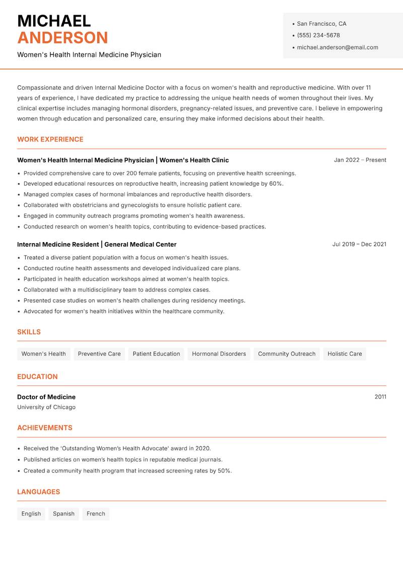 Internal Medicine Doctor Resume Template