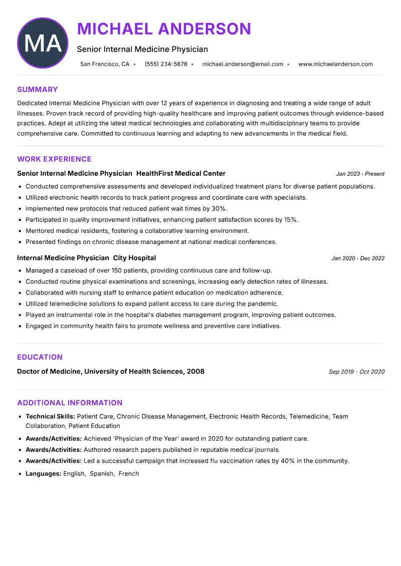 Internal Medicine Physician Resume Preview Example
