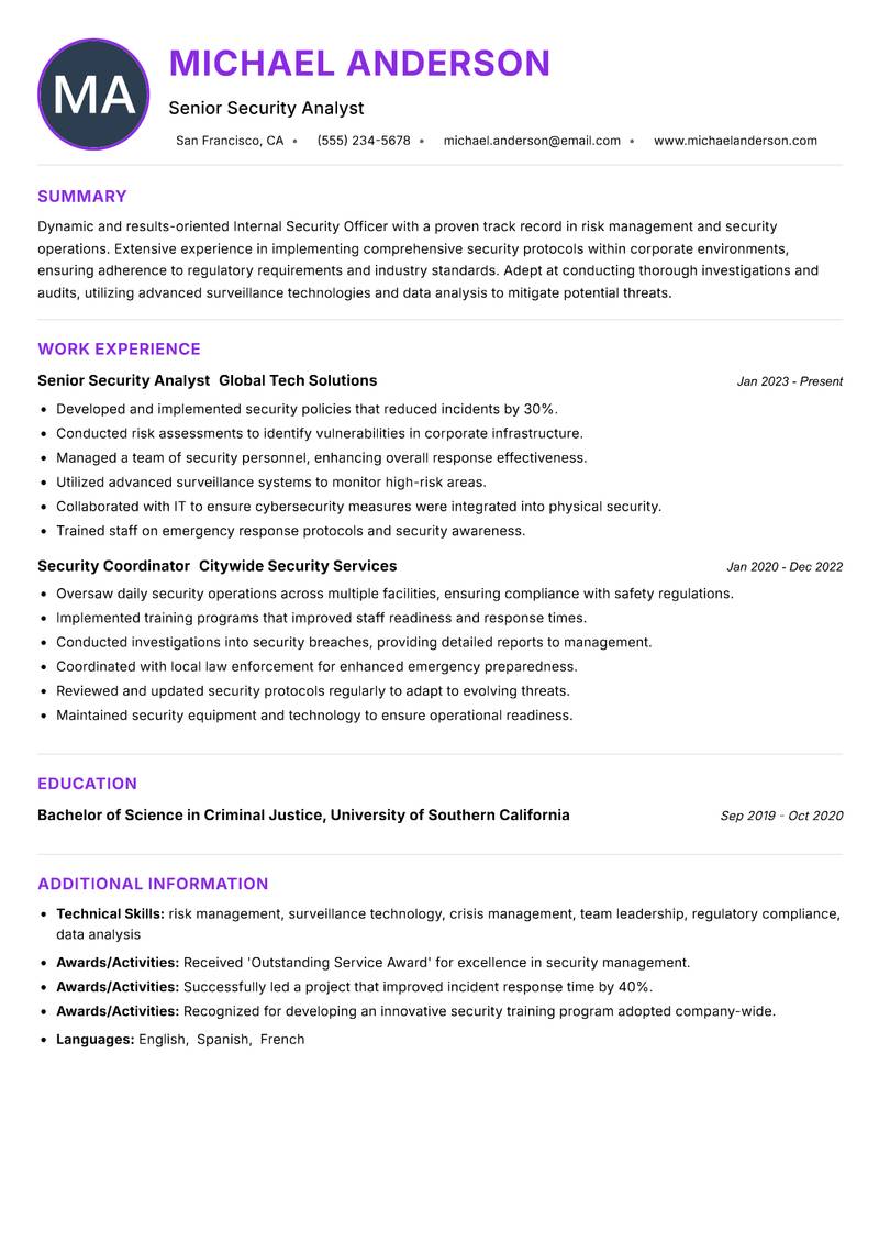 Internal Security Officer Resume Preview Example