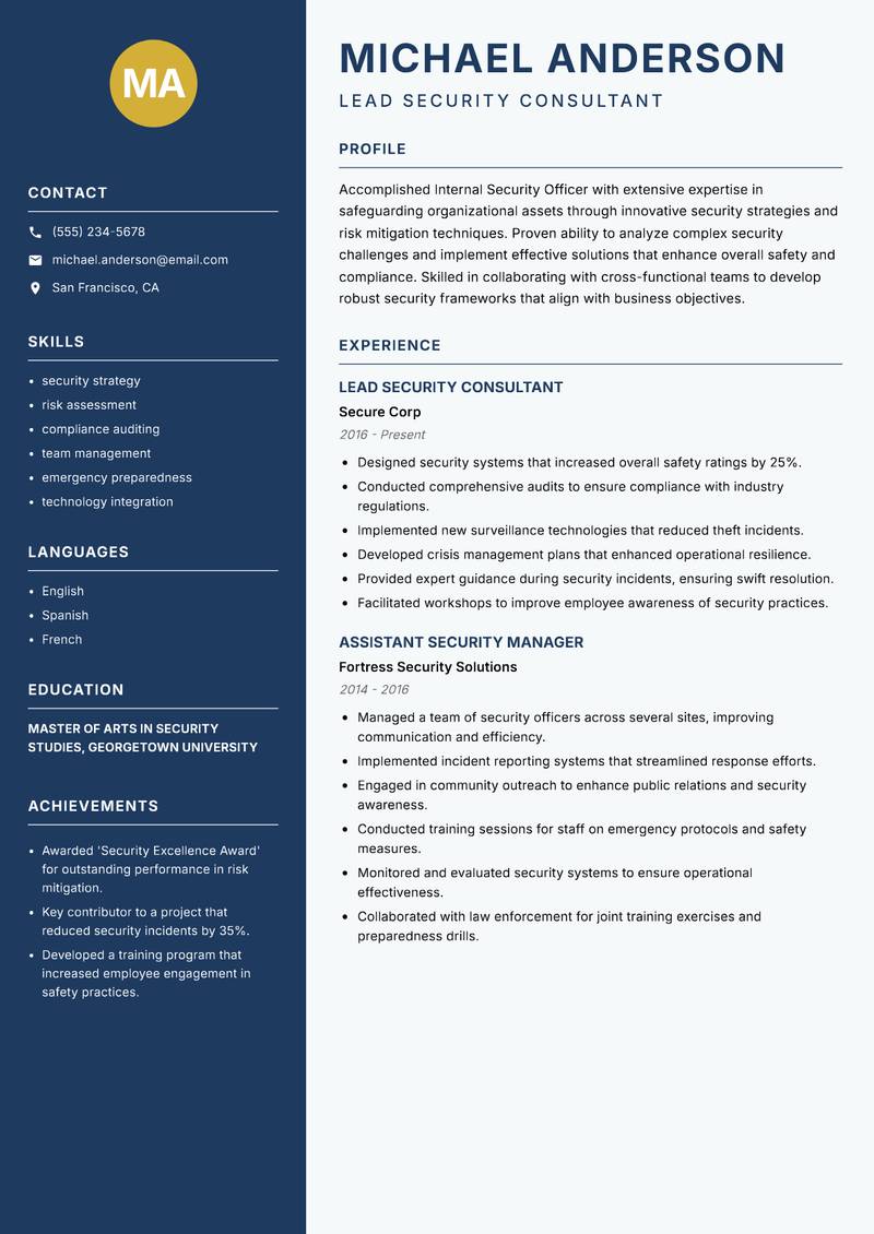 Internal Security Officer Resume Preview Example